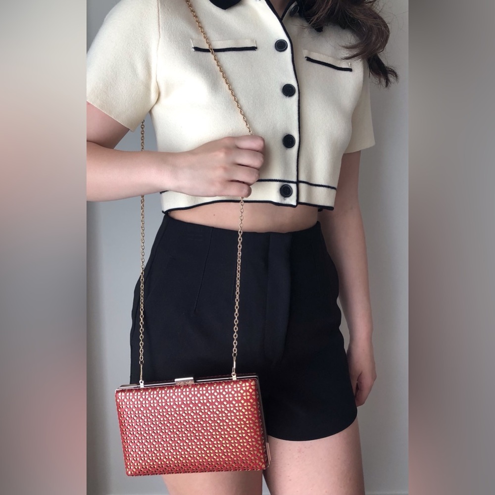 Red & Gold Geometric Cutout Clutch with Chain - Picture 4 of 11